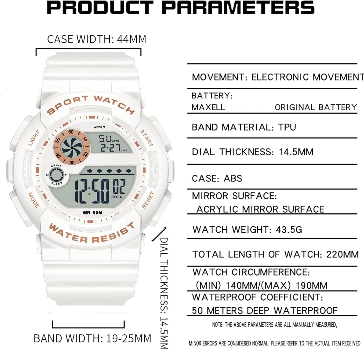 Alarm Stopwatch Hourly Chime LED Display 12H/24H Calendar findtime Digital pivotal pamphlet Watch Womens Sport Waterproof White Wrist Watches for Women with 