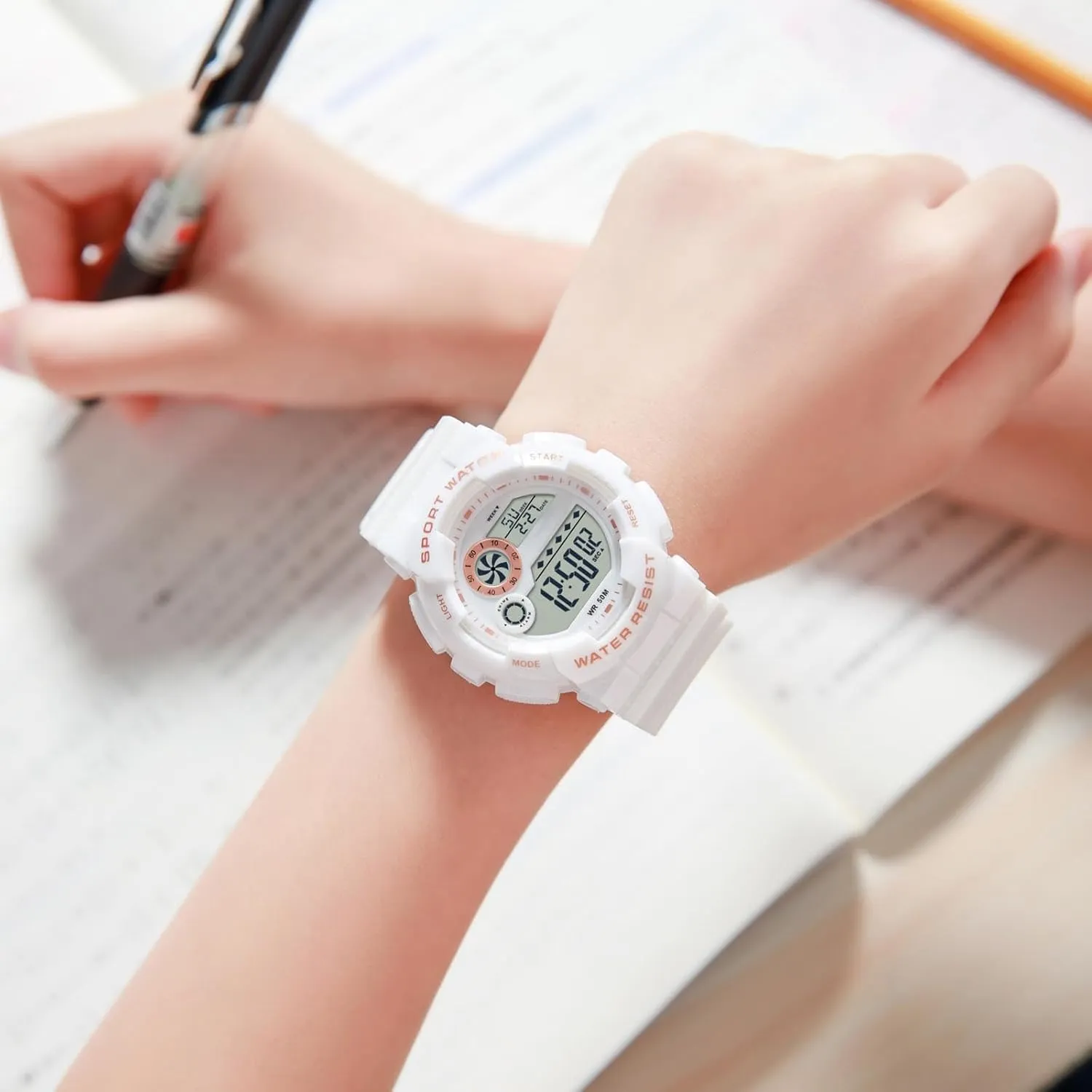 Alarm Stopwatch Hourly Chime LED Display 12H/24H Calendar findtime Digital pivotal pamphlet Watch Womens Sport Waterproof White Wrist Watches for Women with 