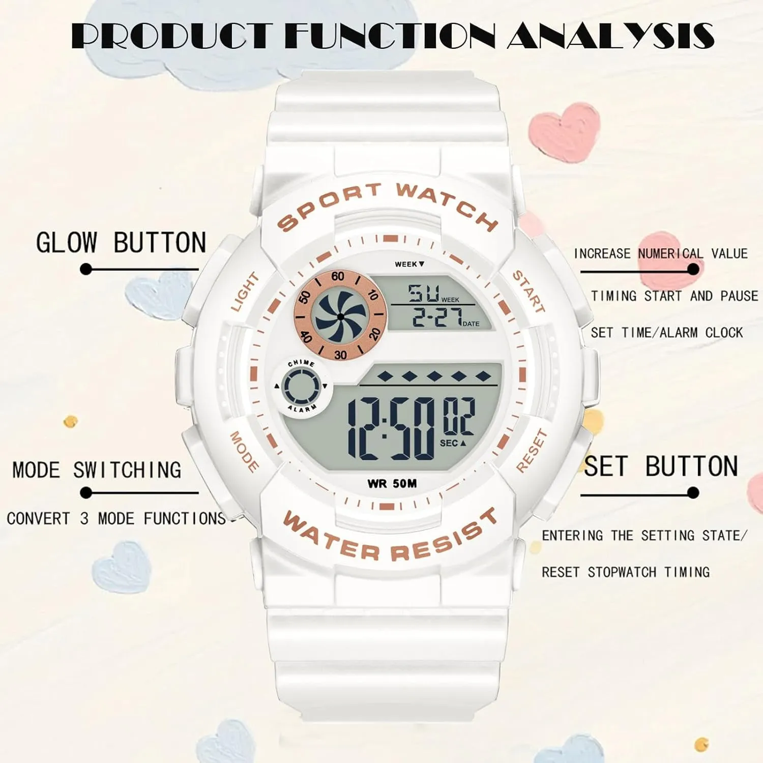 Alarm Stopwatch Hourly Chime LED Display 12H/24H Calendar findtime Digital pivotal pamphlet Watch Womens Sport Waterproof White Wrist Watches for Women with 