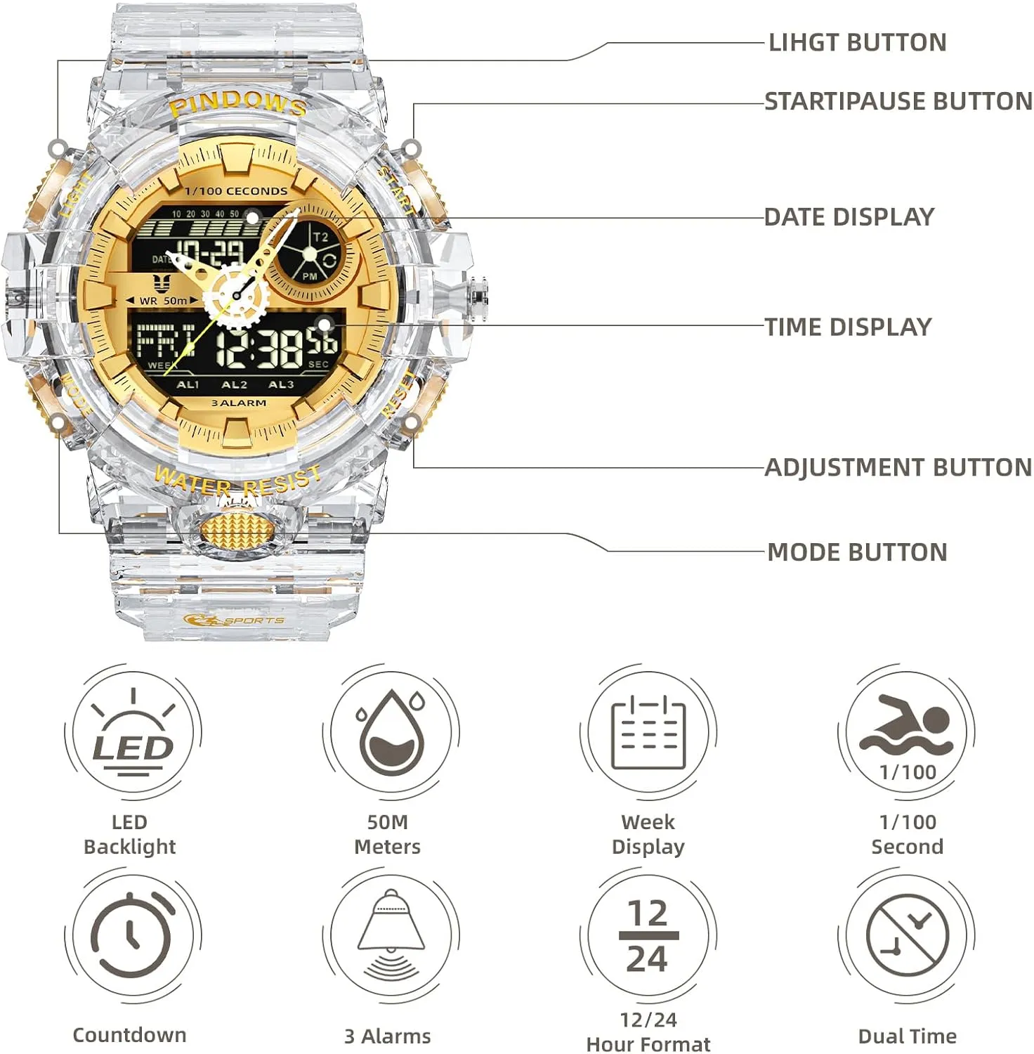 Alarm Stopwatch. PINDOWS Watch for Men, 50M Waterproof Analog Digital Watches Watch Outdoor instantly lichen sharpen antifungal Sports Electronic Watch Date Multi-Function LED 