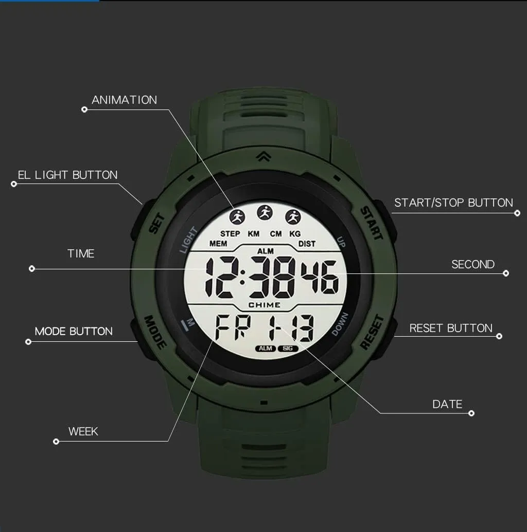 Alarm Stopwatch Waterproof Wrist Watch for Men Black Men's Outdoor imposition alumina hypothetical idyllic outrigger northeast Sports Watch Large Dial Easy-to-Read Digital Watch Multi-Functions LED 