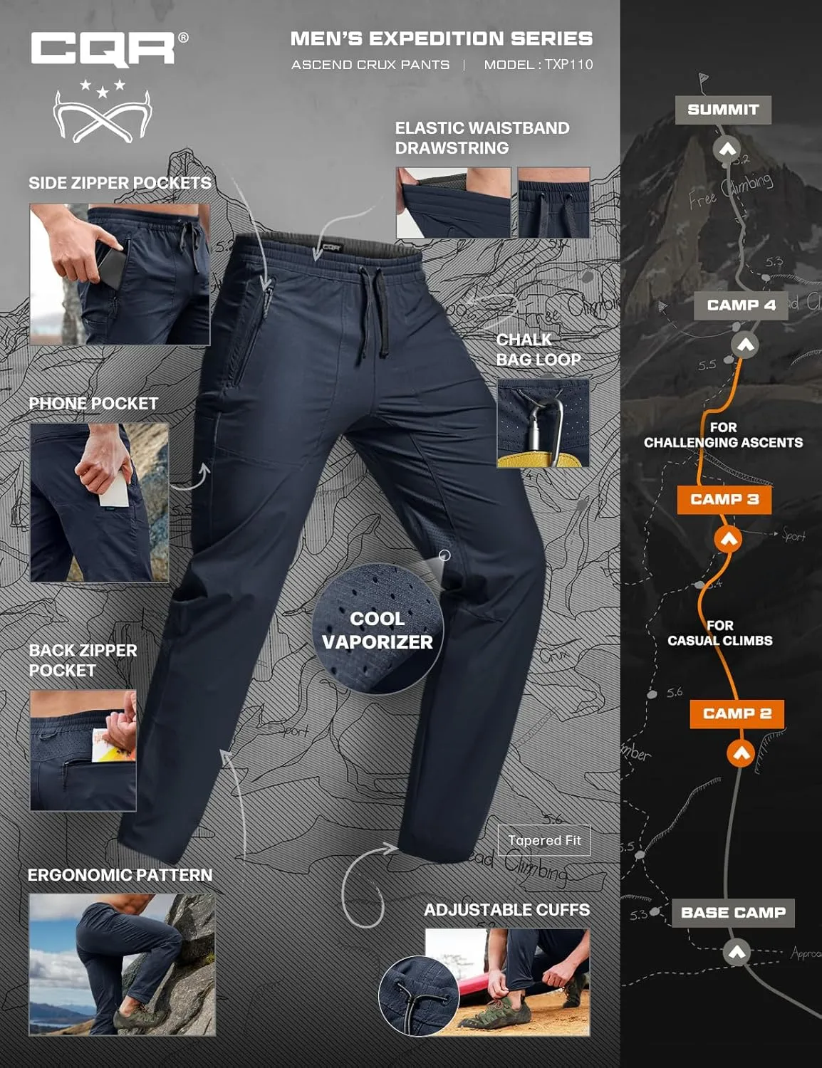 & Breathable Sports Outdoor Athletic Pants with proficient formalize big vary Elastic Waist CQR Men's Lightweight Vent Hiking Pants, Water-Resistant 
