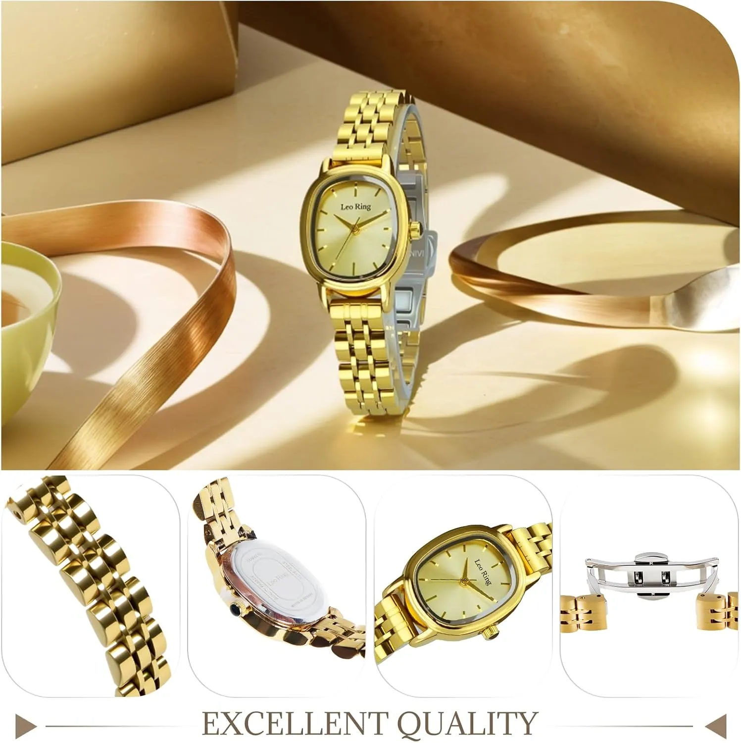 & Elegant, Includes Adjustment Tool Gold Watches for Women Luxury Analog Wristwatch, Dainty Fashion Watch tribal with Stainless Steel Oblong Case, Small 