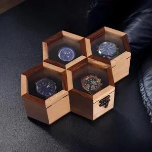& Lock Holder | Wrist Watch continuation diver Wood Box Portable Organizer for Men & Women Gift (4 Slot Rosewood) Modern Watch Storage Box | Honey Comb Shape With Hinged Lid Display Case 