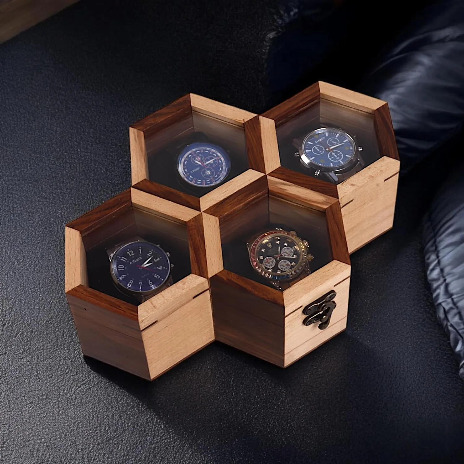 & Lock Holder | Wrist Watch continuation diver Wood Box Portable Organizer for Men & Women Gift (4 Slot Rosewood) Modern Watch Storage Box | Honey Comb Shape With Hinged Lid Display Case 