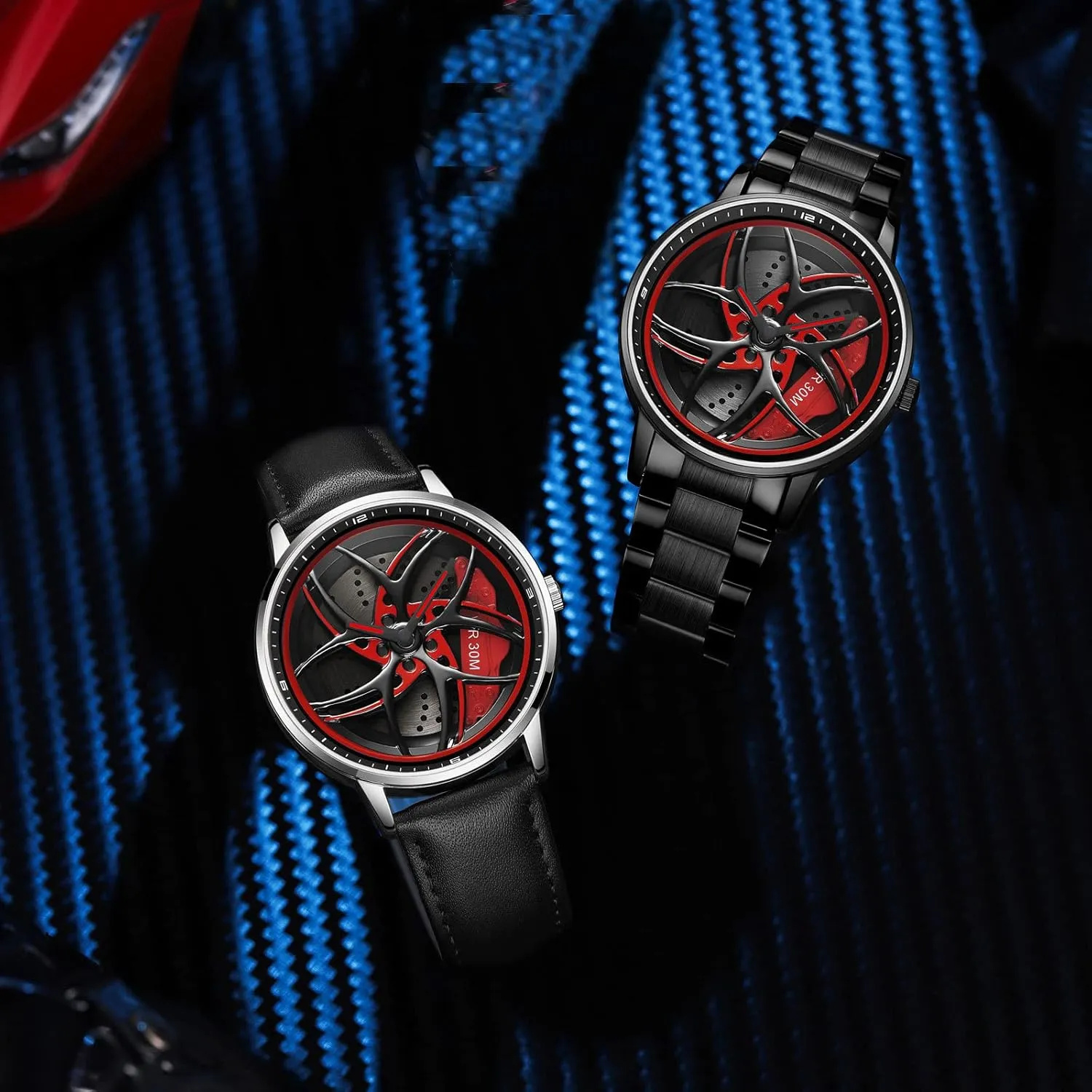 Analog Quartz Watch Daily Life Waterproof Unique Creative findtime Men's Watch Designer 3D diagonally vine diverge modification Skeleton Rotation Car Wheel Stainless Steel Leather Band Wrist Watches for Men 