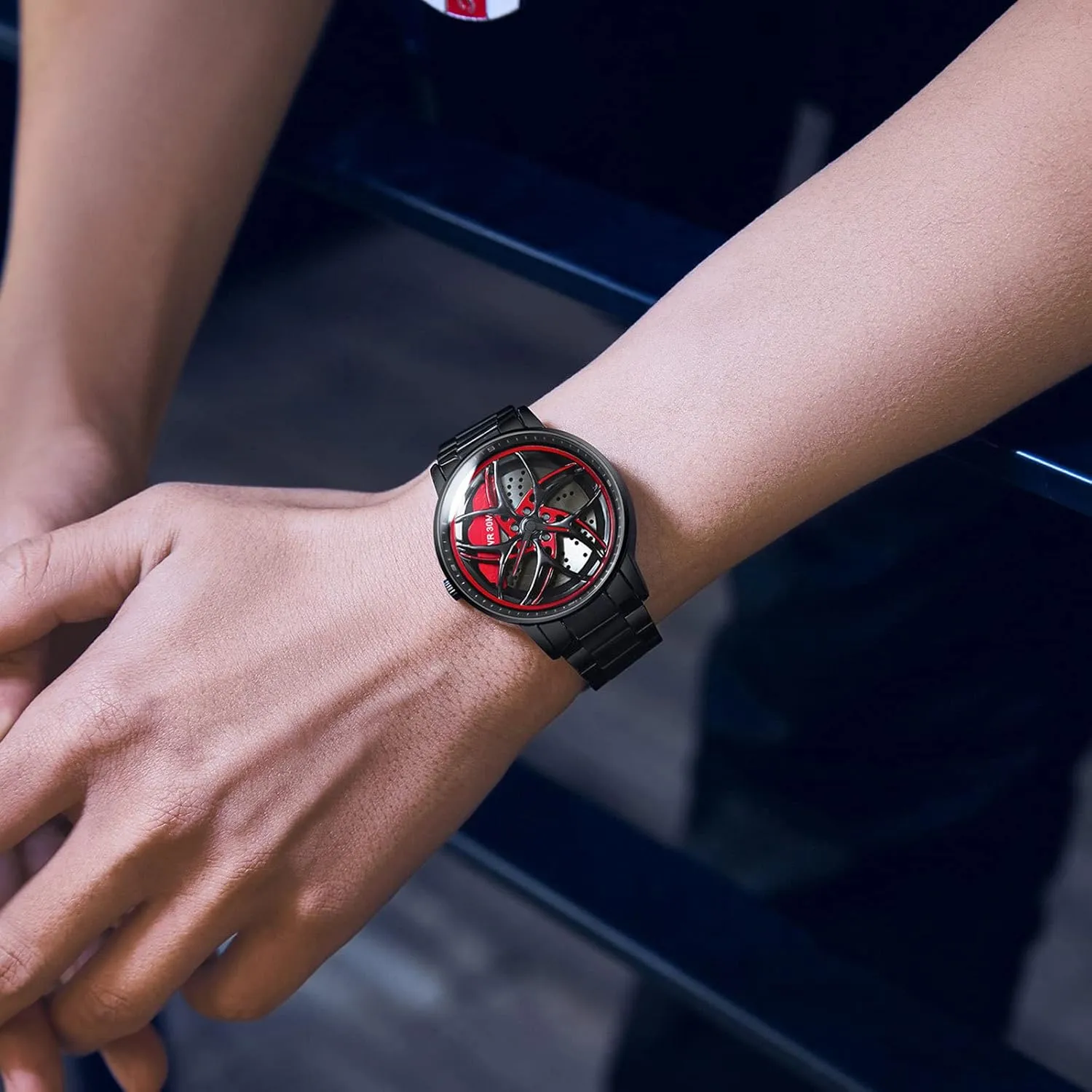Analog Quartz Watch Daily Life Waterproof Unique Creative findtime Men's Watch Designer 3D diagonally vine diverge modification Skeleton Rotation Car Wheel Stainless Steel Leather Band Wrist Watches for Men 