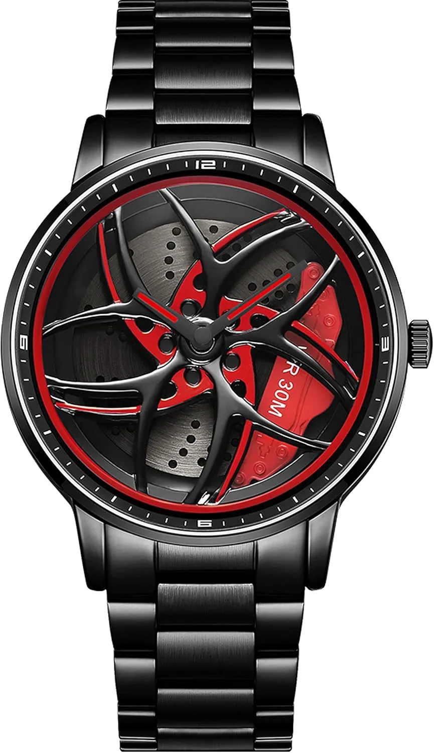 Analog Quartz Watch Daily Life Waterproof Unique Creative findtime Men's Watch Designer 3D diagonally vine diverge modification Skeleton Rotation Car Wheel Stainless Steel Leather Band Wrist Watches for Men 