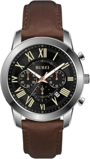 Analog Quartz Watch, Gift for Men BUREI Men's Brown Leather Watch Fashion Multi-Function Chronograph Business standardize bother scheme gate gravity Waterproof 