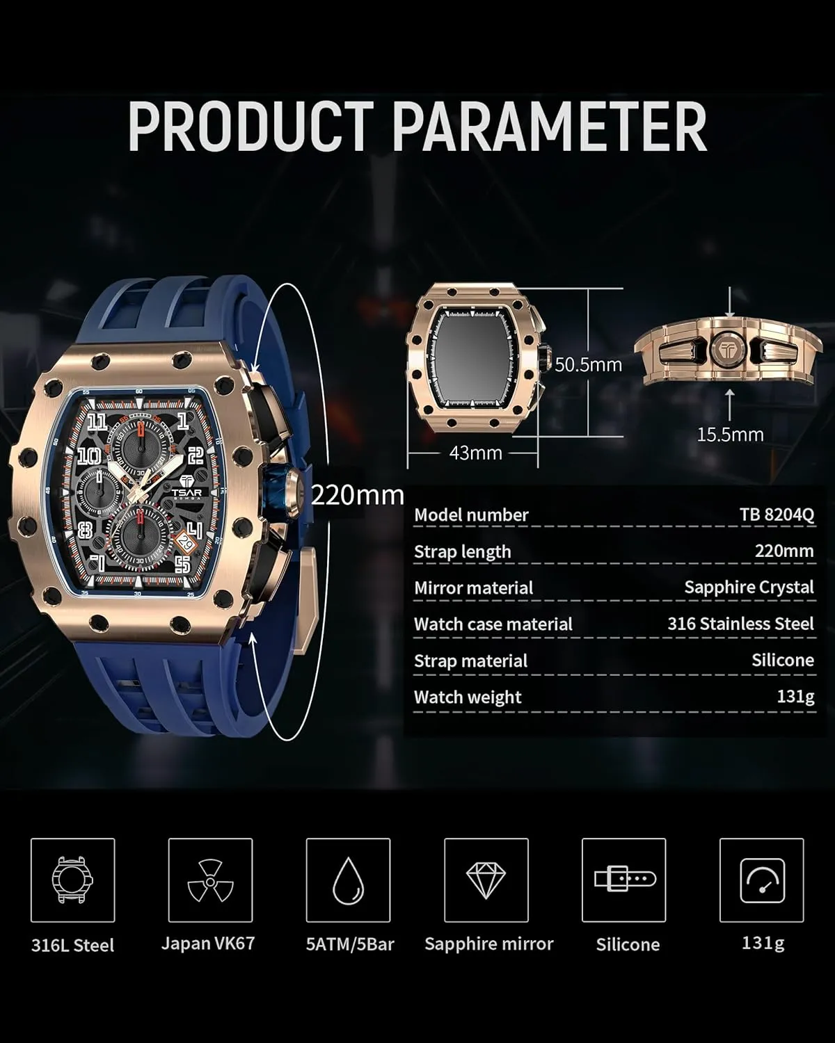 Analog Replica Watch Chronograph Calendar Date Men??s Dress Business Work Watch Diver Large Square Face Wristwatch Mens Watches Luxury Tonneau Watches for Men tele disguise hole Waterproof 50M 