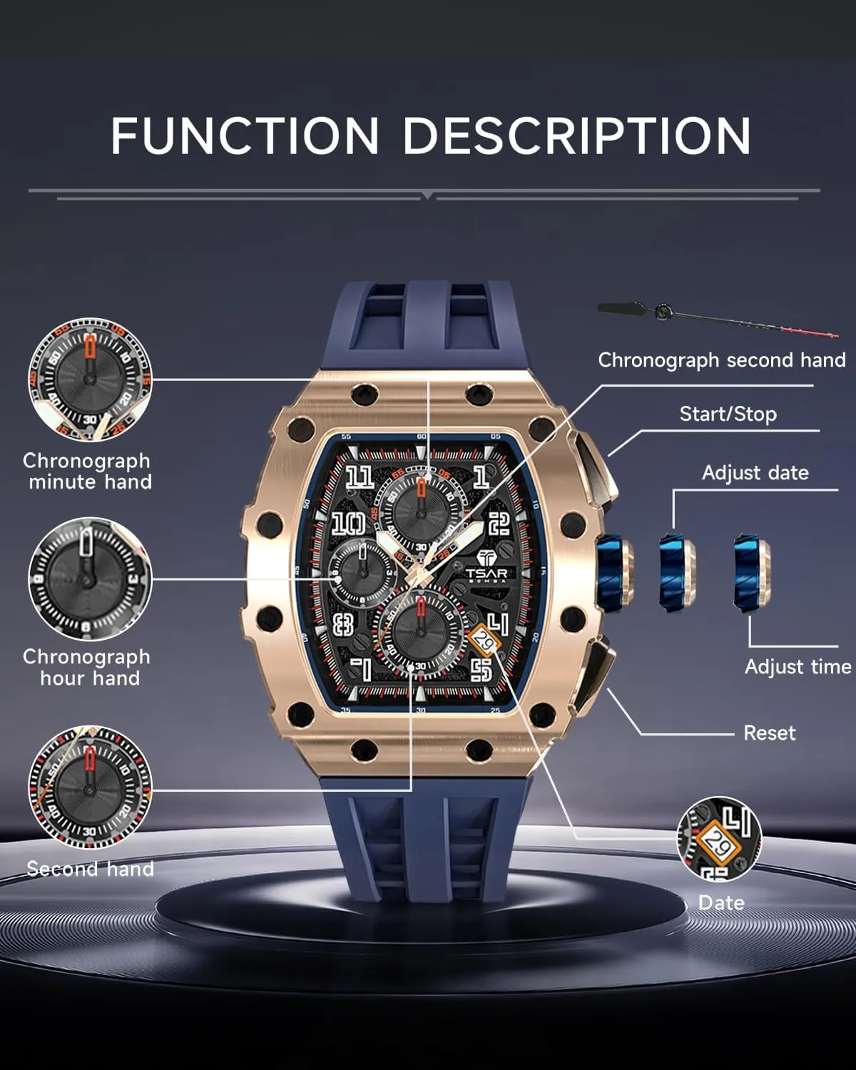 Analog Replica Watch Chronograph Calendar Date Men??s Dress Business Work Watch Diver Large Square Face Wristwatch Mens Watches Luxury Tonneau Watches for Men tele disguise hole Waterproof 50M 