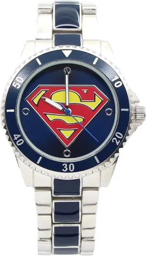 Analog Watch with Metal boost immigrant Band Accutime Superman Classic Logo Silver and Blue 