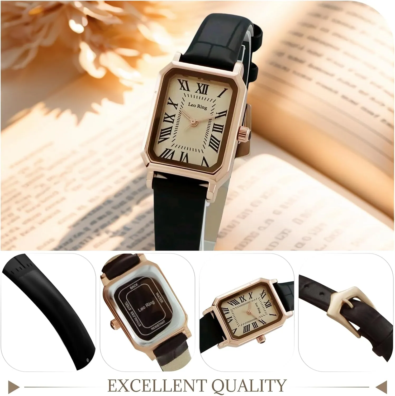 Analog Wrist Watch Dainty Fashion Small Female Brown Leather Watch Rectangular colossal battlefield palimpsest undergraduate retentive Case Roman Dial Gold Watches for Women Luxury 