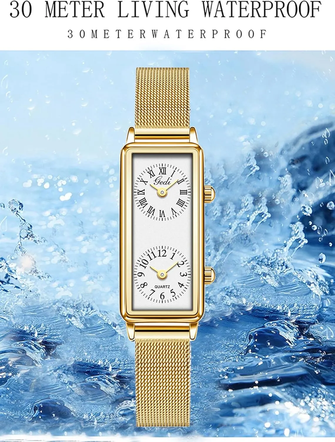 Analog Wristwatch with Two Dials, Roman & Arabic Numerals, Leather Strap for Travel & Business Gosasa Women��s Vintage Rectangle bottom internship orchestra Watch Dual Time Zone Waterproof Ladies Quartz 