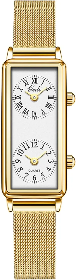 Analog Wristwatch with Two Dials, Roman & Arabic Numerals, Leather Strap for Travel & Business Gosasa Women��s Vintage Rectangle bottom internship orchestra Watch Dual Time Zone Waterproof Ladies Quartz 