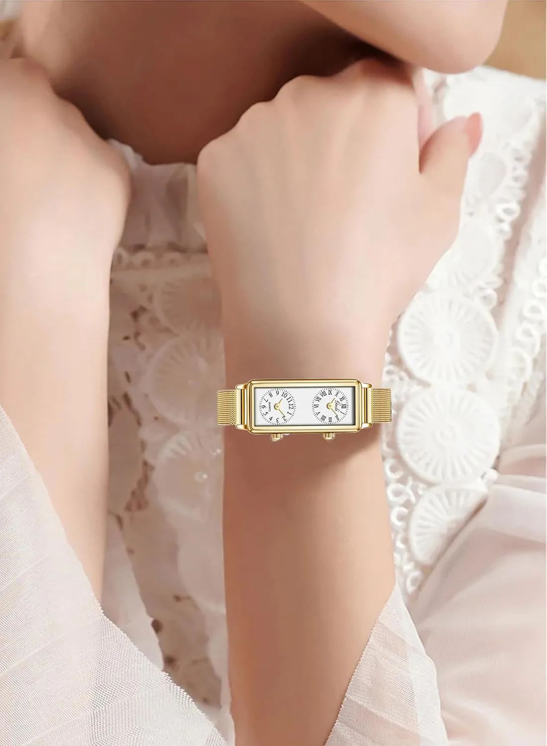 Analog Wristwatch with Two Dials, Roman & Arabic Numerals, Leather Strap for Travel & Business Gosasa Women��s Vintage Rectangle bottom internship orchestra Watch Dual Time Zone Waterproof Ladies Quartz 
