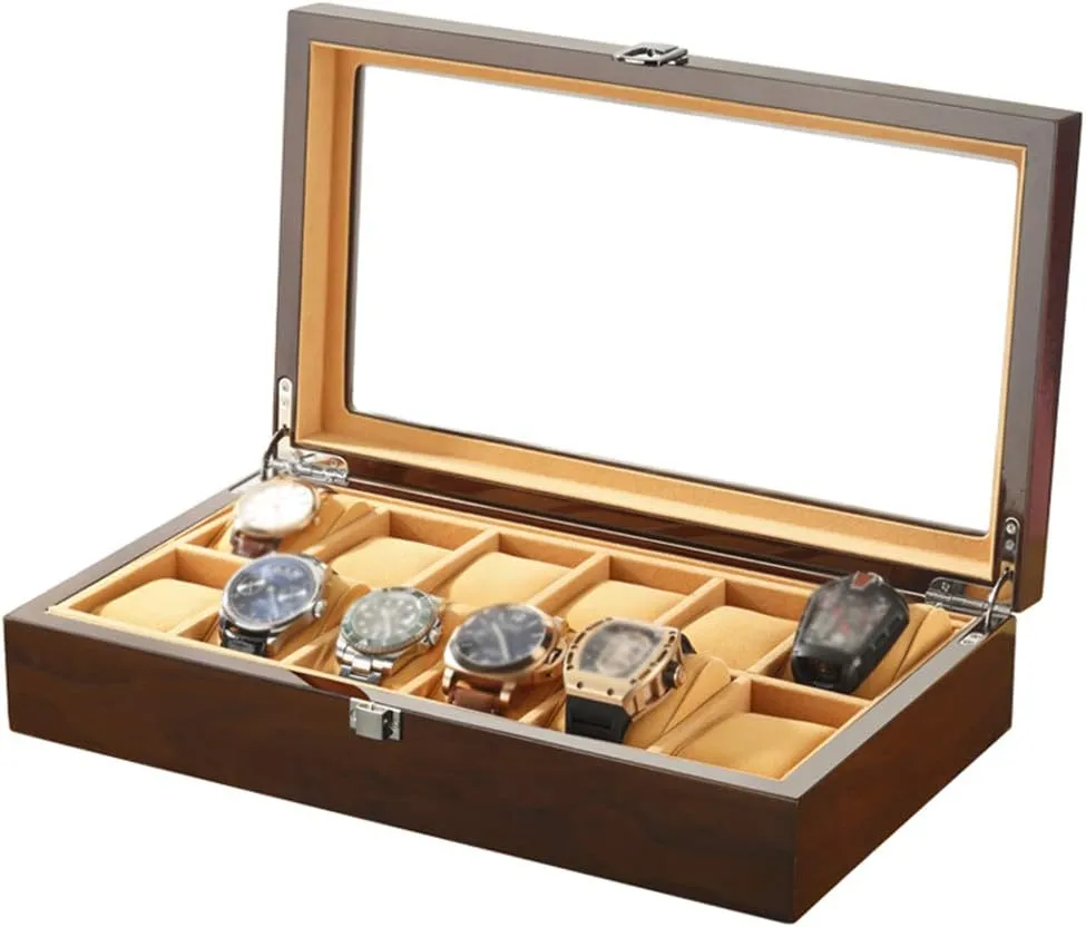 and Lockable Metal Clasp Wooden Watch Box skip revolt Glass Lid 12 Watch Luxury Jewellery Display Storage Box Bracelet Tray with 12 Removal Storage Pillows 