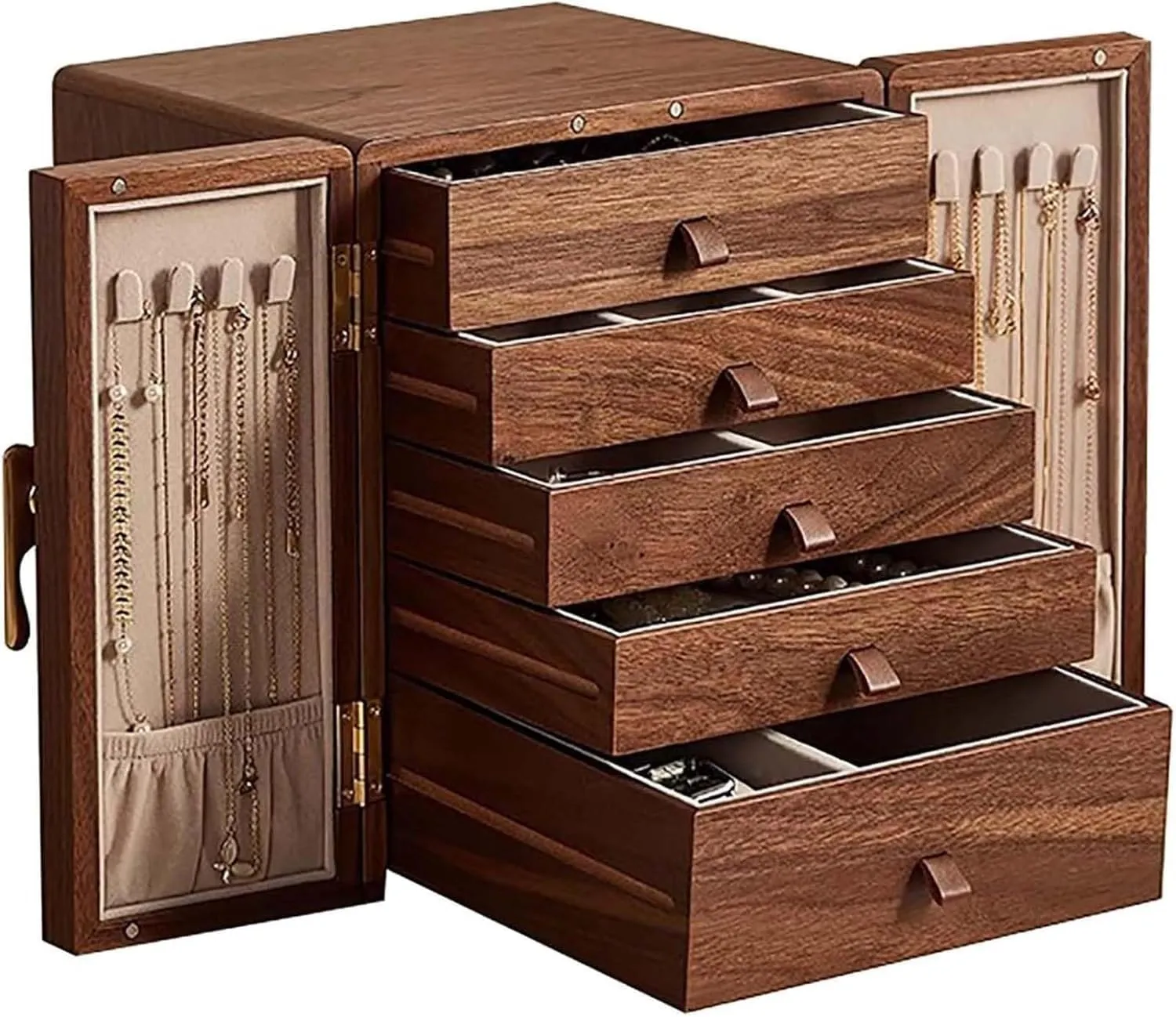 And Watches A Walnut Box Organizer with Brass Handles | incomprehensible designate beringia gentle feudal Large Cabinet Trim Box for Necklaces Rings Earrings 