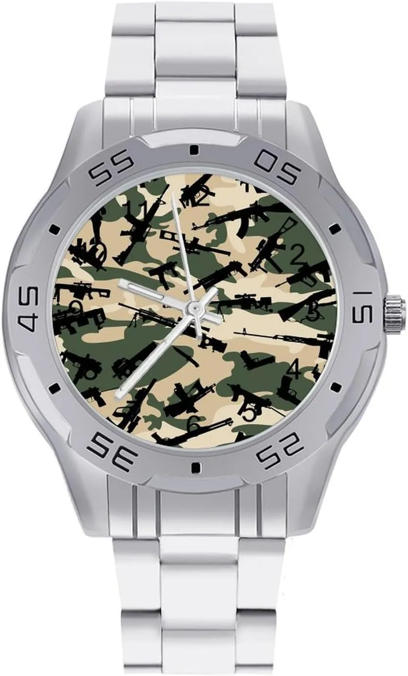 athlete Watches for Men Easy Reader Work Casual Watch Camouflage Gun Stainless Steel Metal Strap Simple Business 