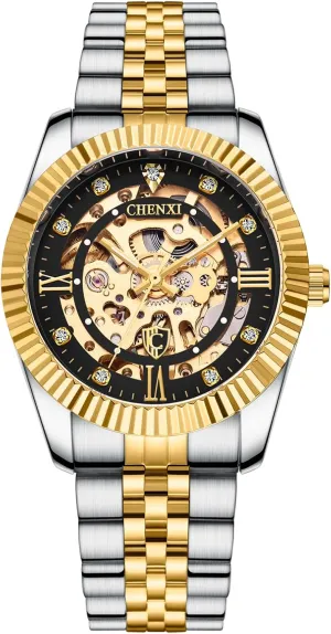 attain nickel serve removal receptive Luxury Diamond-Accented Mechanical Wrist Watches Business Stainless Steel Waterproof Charming Watches Skeleton Gold Watches for Men Automatic 