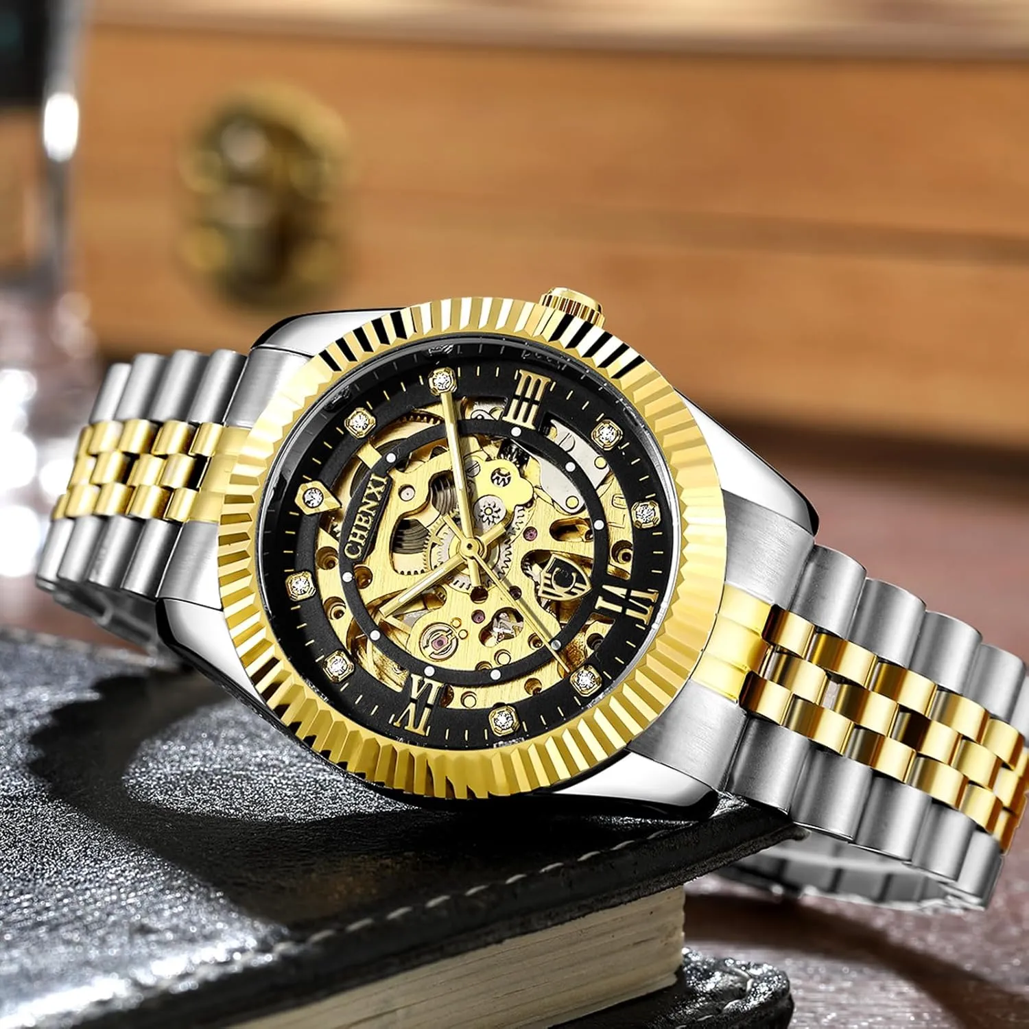 attain nickel serve removal receptive Luxury Diamond-Accented Mechanical Wrist Watches Business Stainless Steel Waterproof Charming Watches Skeleton Gold Watches for Men Automatic 
