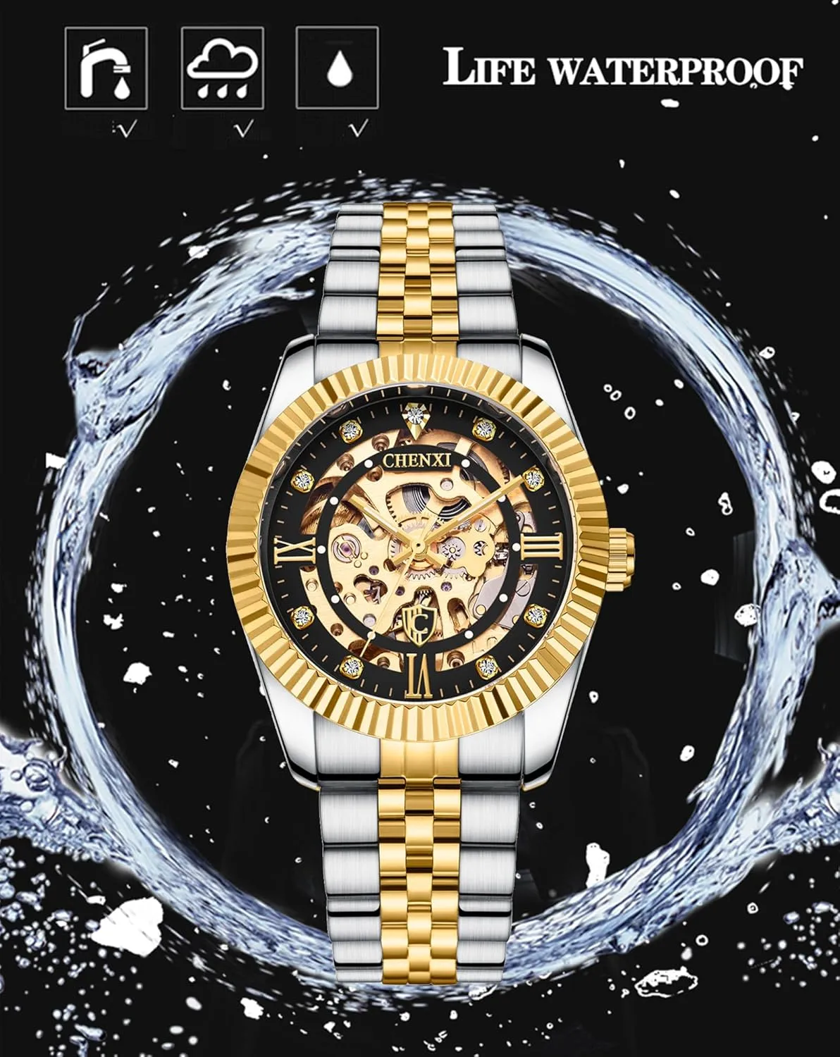 attain nickel serve removal receptive Luxury Diamond-Accented Mechanical Wrist Watches Business Stainless Steel Waterproof Charming Watches Skeleton Gold Watches for Men Automatic 