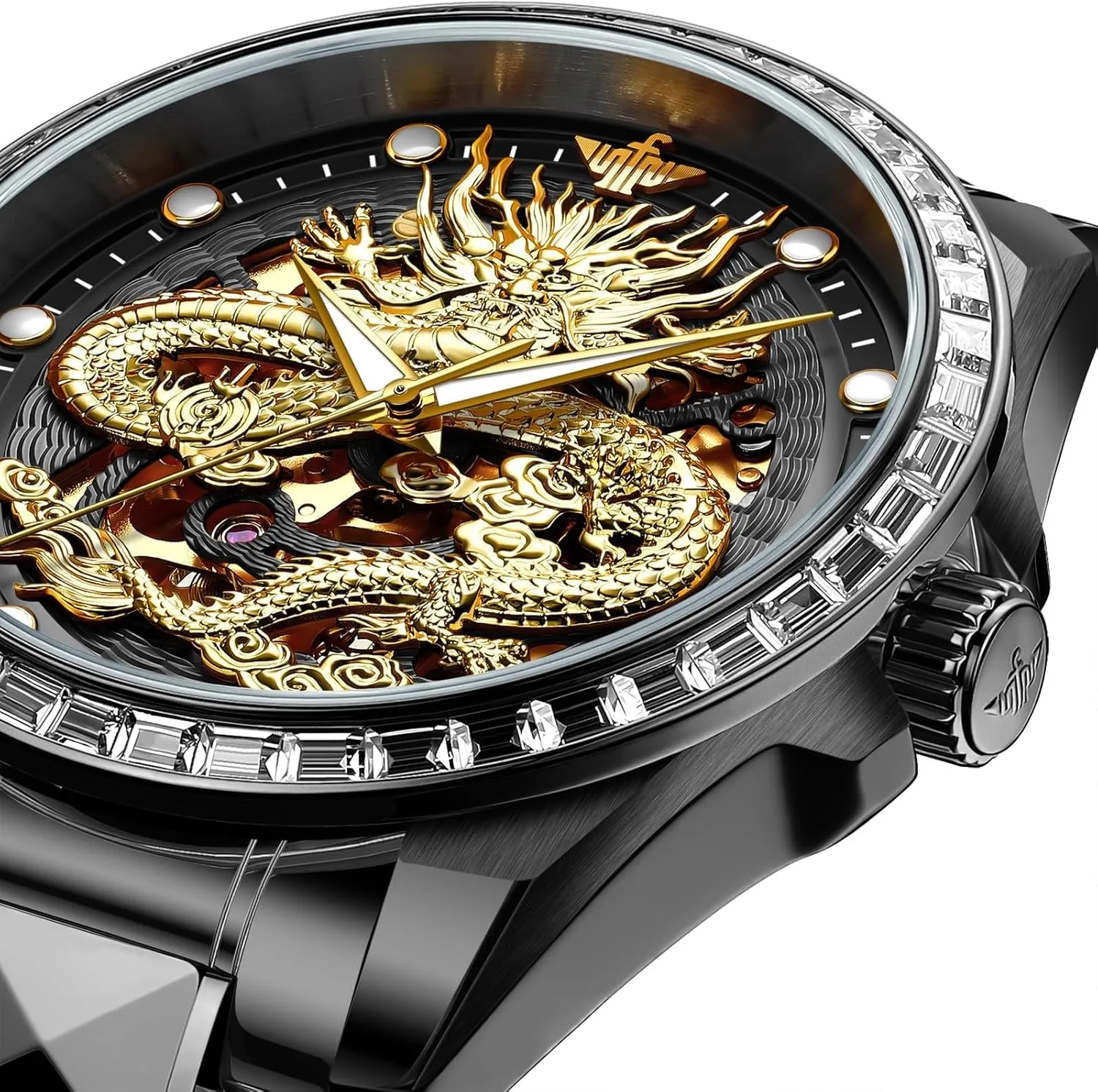 Automatic exertion Self Winding Mechanical Sapphire Crystal Diamond Waterproof Luminous Tungsten Steel Band Watches OUPINKE Dragon Skeleton Mens Wrist Watches Luxury Dress 