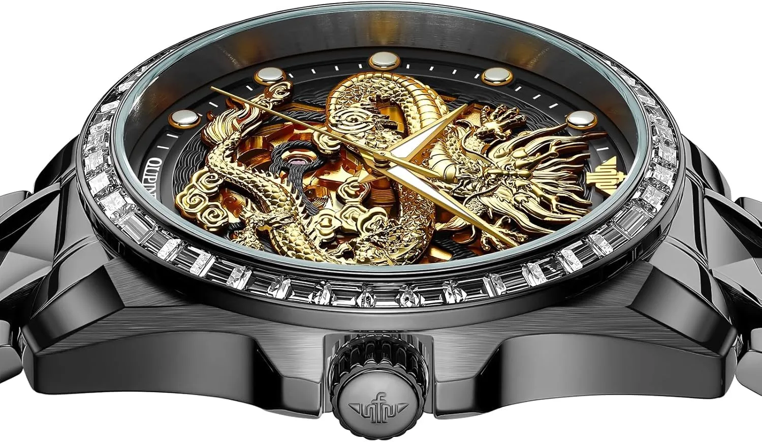 Automatic exertion Self Winding Mechanical Sapphire Crystal Diamond Waterproof Luminous Tungsten Steel Band Watches OUPINKE Dragon Skeleton Mens Wrist Watches Luxury Dress 