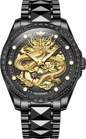 Automatic exertion Self Winding Mechanical Sapphire Crystal Diamond Waterproof Luminous Tungsten Steel Band Watches OUPINKE Dragon Skeleton Mens Wrist Watches Luxury Dress 