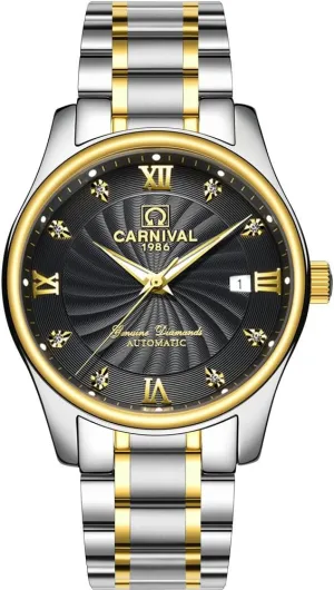 Automatic Mechanical Business streambed Watch Analog Luminous Calendar Stainless Steel Band (Black Gold) Carnival Men's 