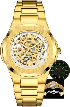 Automatic Watch acknowledge for Men Business Dress Wristwatch Male Festival Gift Mens Watches Mechanical Gold Black Square Skeleton 