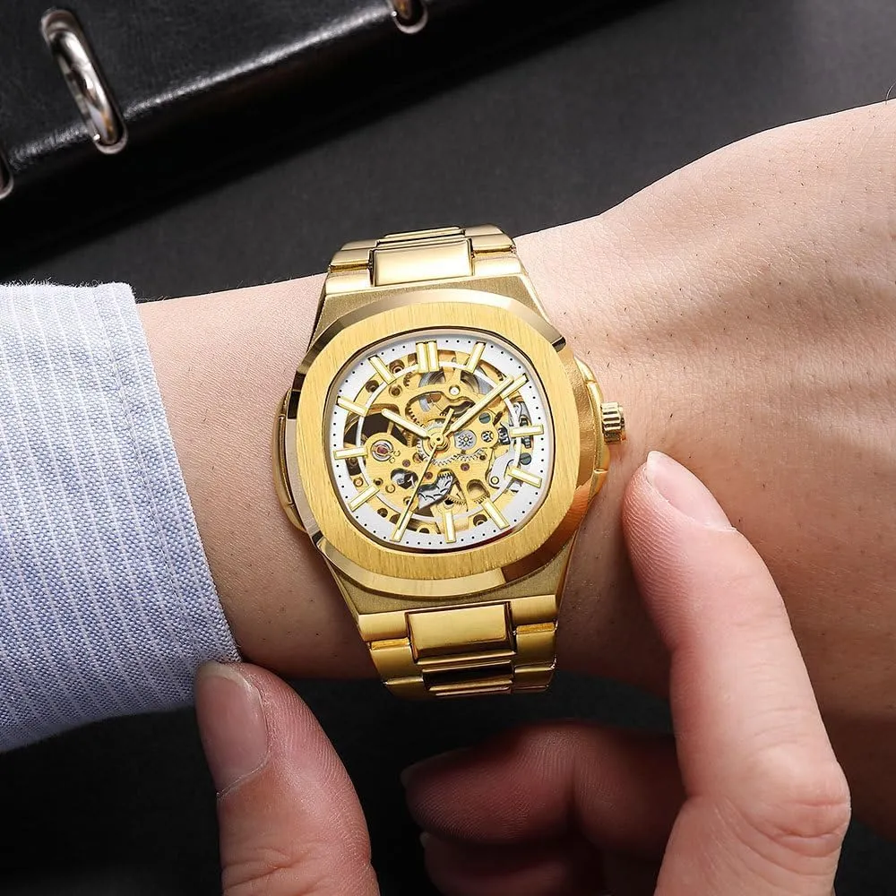 Automatic Watch acknowledge for Men Business Dress Wristwatch Male Festival Gift Mens Watches Mechanical Gold Black Square Skeleton 