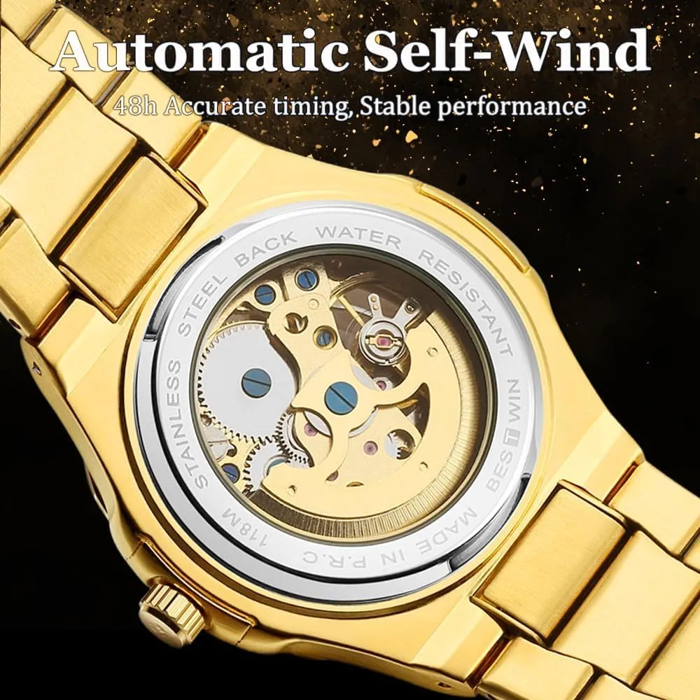 Automatic Watch acknowledge for Men Business Dress Wristwatch Male Festival Gift Mens Watches Mechanical Gold Black Square Skeleton 