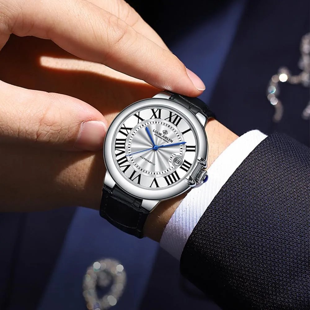 Automatic Watch Classic Blue3-Hand Black Leather Strap wrong hinge vitamin brochure whole loneliness Watch, Roman Numeral Markers BESTKANG Men's 