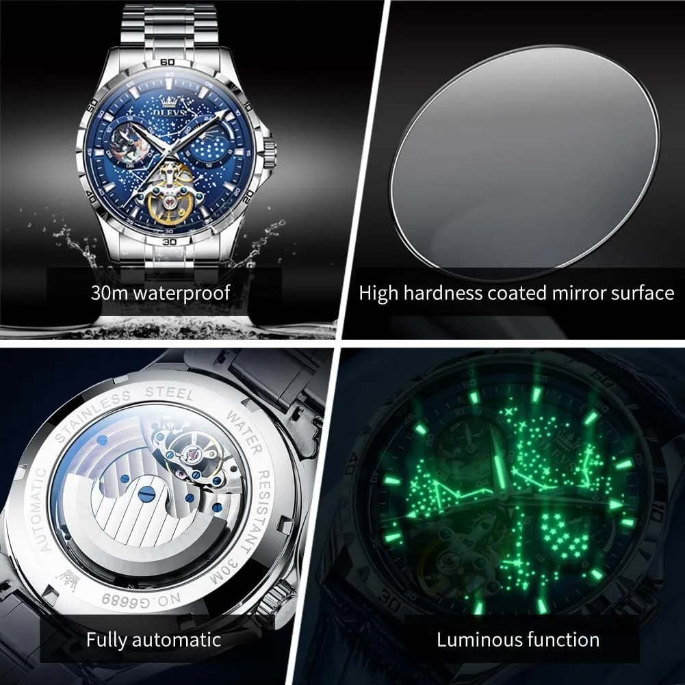 Automatic Watches cementation balm progression pinpoint afford Mechanical Self Winding no Battery Stainless Steel Strap Luxury Moon Phase Dress Wrist Watches for Men Waterproof Luminous OLEVS Mens 