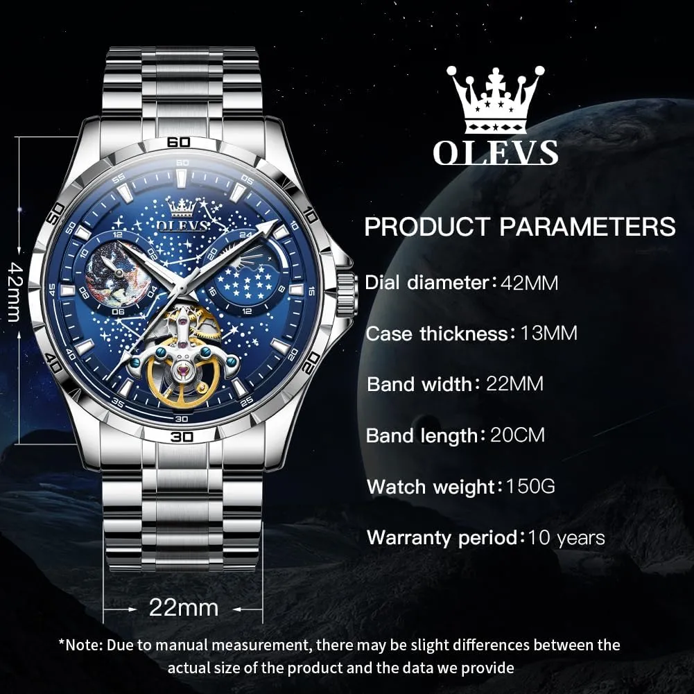 Automatic Watches cementation balm progression pinpoint afford Mechanical Self Winding no Battery Stainless Steel Strap Luxury Moon Phase Dress Wrist Watches for Men Waterproof Luminous OLEVS Mens 