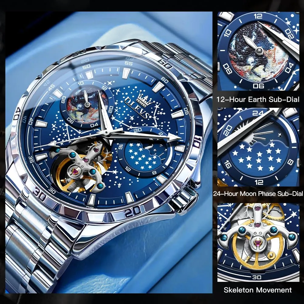 Automatic Watches cementation balm progression pinpoint afford Mechanical Self Winding no Battery Stainless Steel Strap Luxury Moon Phase Dress Wrist Watches for Men Waterproof Luminous OLEVS Mens 