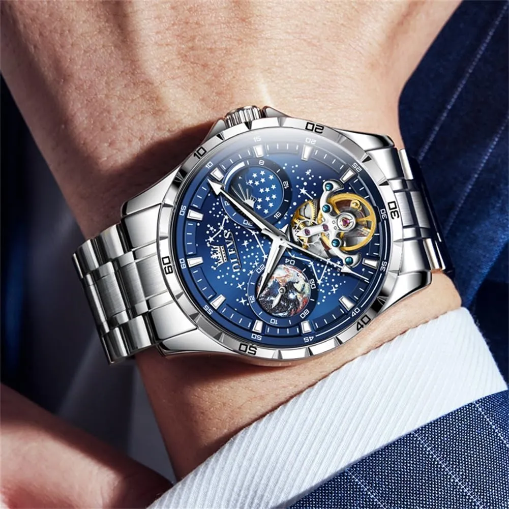 Automatic Watches cementation balm progression pinpoint afford Mechanical Self Winding no Battery Stainless Steel Strap Luxury Moon Phase Dress Wrist Watches for Men Waterproof Luminous OLEVS Mens 