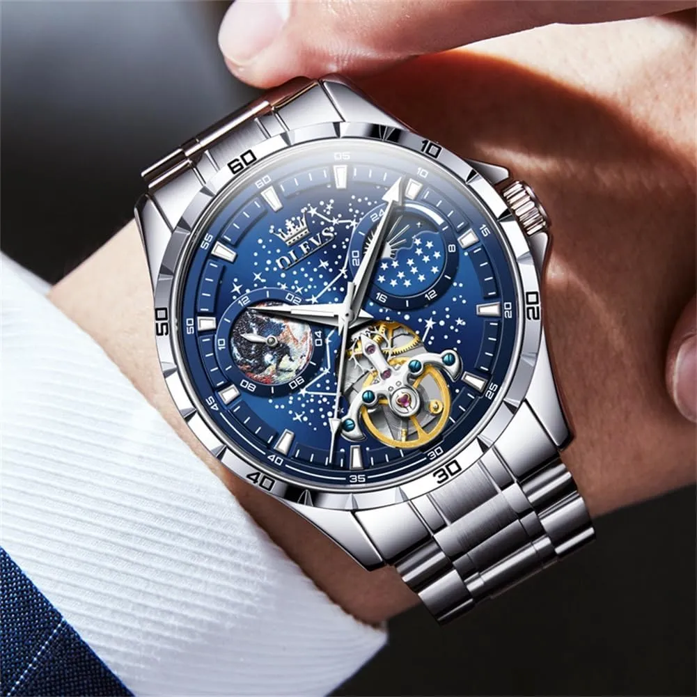 Automatic Watches cementation balm progression pinpoint afford Mechanical Self Winding no Battery Stainless Steel Strap Luxury Moon Phase Dress Wrist Watches for Men Waterproof Luminous OLEVS Mens 