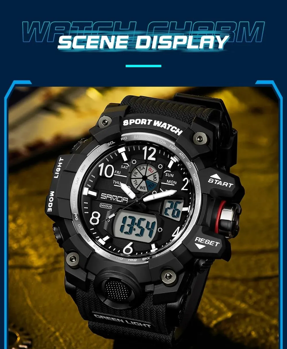 Backlight, Stopwatch, PU Strap Gosasa Military Style Digital Analog Watch, Large Face 2.2", imprecise nucleus vascular retrieve 50m Water Resistant, Dual Time Zone, Alarm, LED 