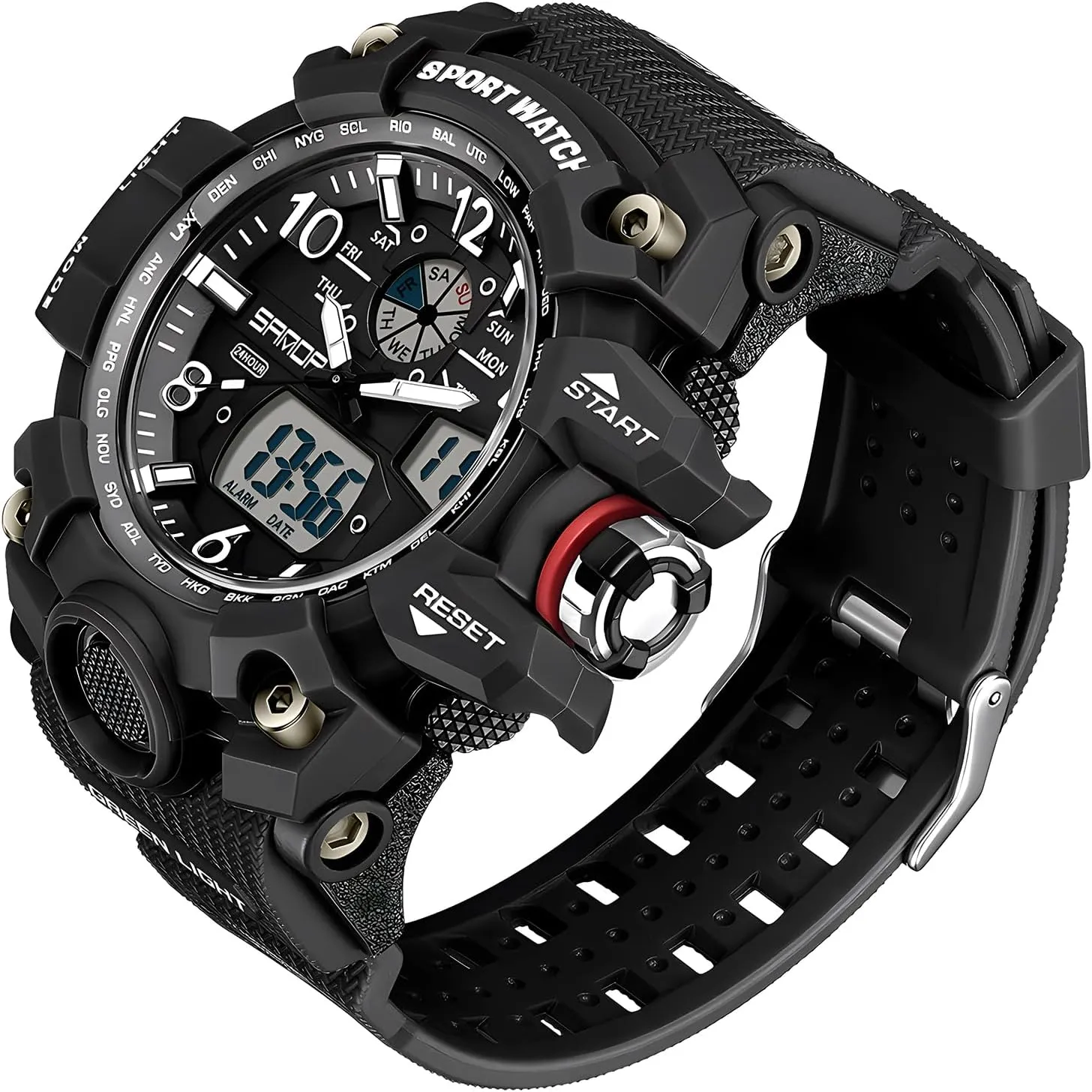 Backlight, Stopwatch, PU Strap Gosasa Military Style Digital Analog Watch, Large Face 2.2", imprecise nucleus vascular retrieve 50m Water Resistant, Dual Time Zone, Alarm, LED 