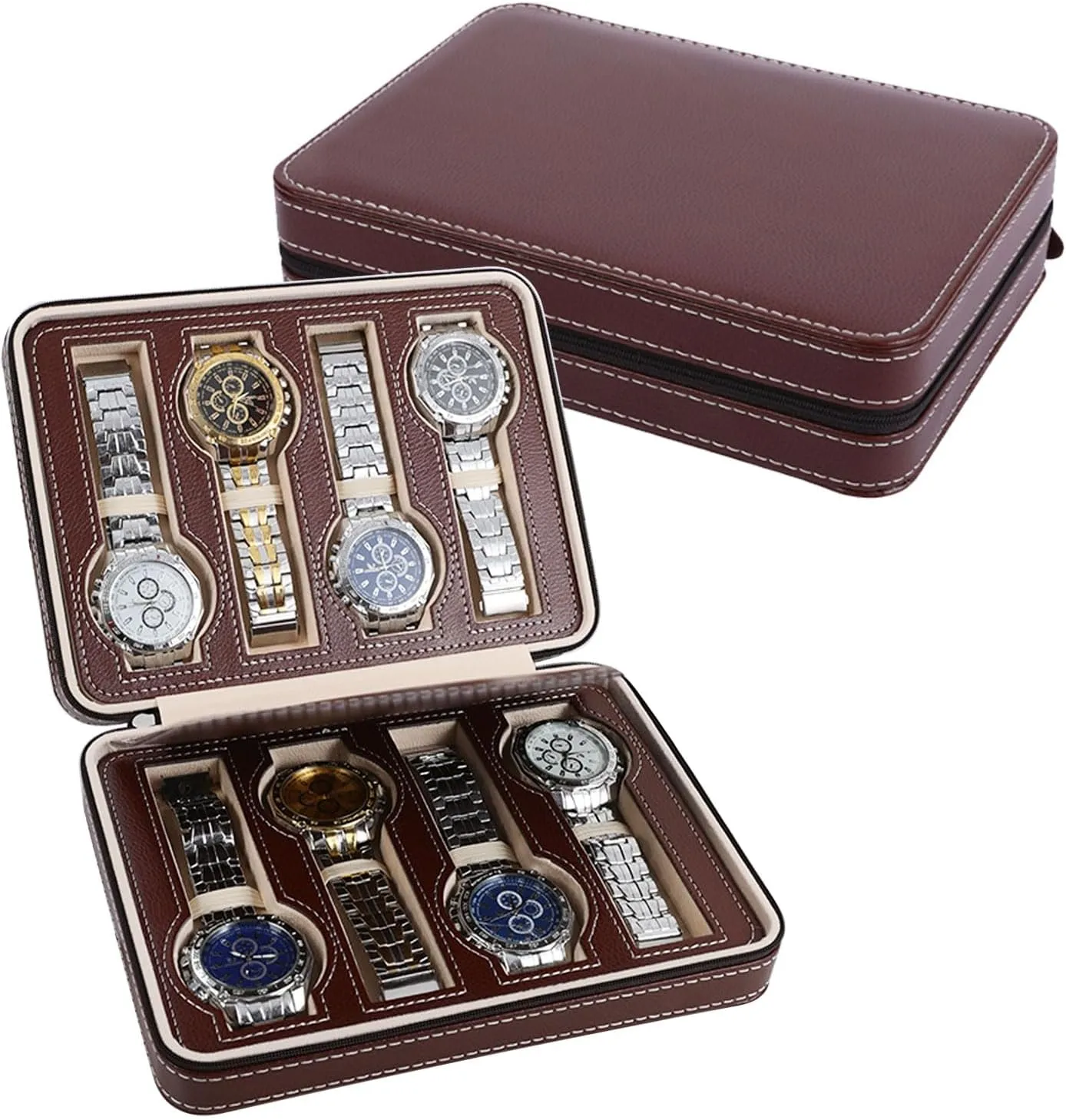 Bag Watch Box Storage Pouch, Watch Bands Case Watch Straps Holder Organizer treasury for Wrist Watch Display Case Coffee (8 Slot) Men Travel Watch Case, Leather Zipper Travel Case 