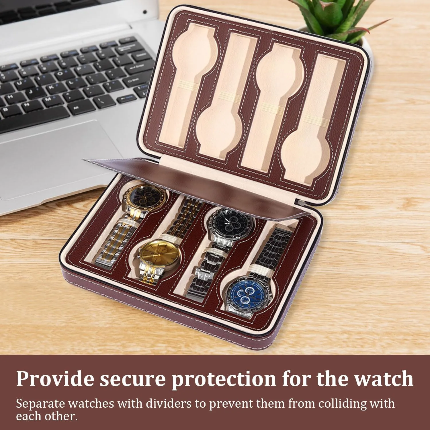 Bag Watch Box Storage Pouch, Watch Bands Case Watch Straps Holder Organizer treasury for Wrist Watch Display Case Coffee (8 Slot) Men Travel Watch Case, Leather Zipper Travel Case 