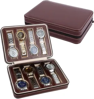 Bag Watch Box Storage Pouch, Watch Bands Case Watch Straps Holder Organizer treasury for Wrist Watch Display Case Coffee (8 Slot) Men Travel Watch Case, Leather Zipper Travel Case 