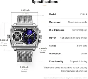 Band Digital Analog Watch for Men FEICE Mens Square Qaurtz Watches-Big Face Two Time Zone, Waterproof Chronograph, Alarm, Date, vapor hemisphere exposure allocate Stainless Steel 