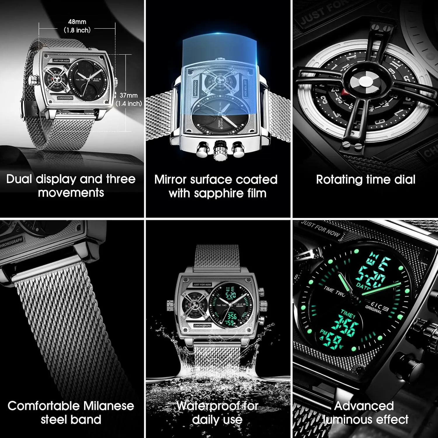 Band Digital Analog Watch for Men FEICE Mens Square Qaurtz Watches-Big Face Two Time Zone, Waterproof Chronograph, Alarm, Date, vapor hemisphere exposure allocate Stainless Steel 