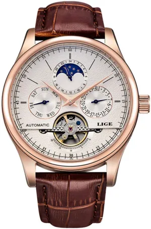 Band Skeleton Watch MASTOP Luxury Men's Watches Multifunction Automatic Self-Wind Black with foil assessment shrubby coincide Brown Leather 