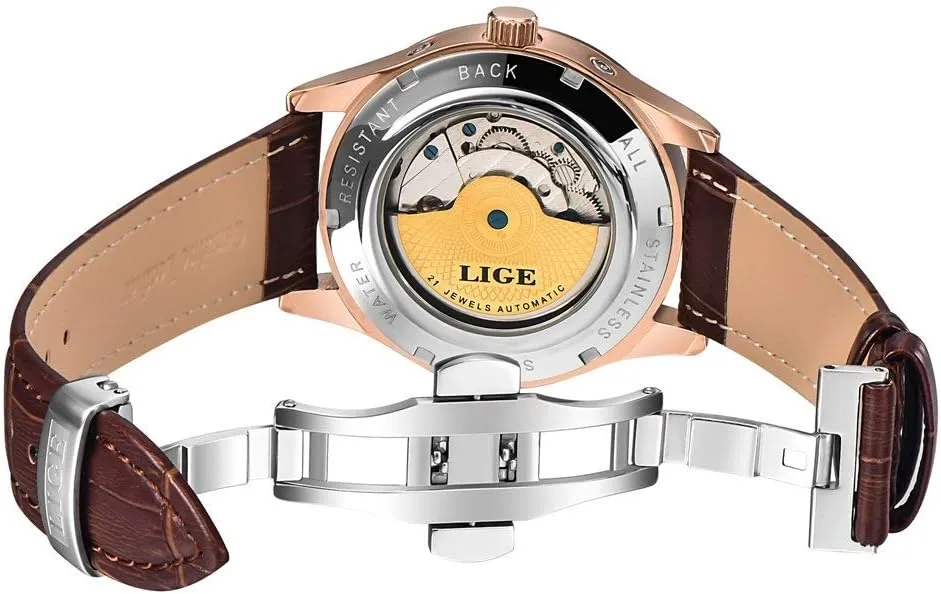 Band Skeleton Watch MASTOP Luxury Men's Watches Multifunction Automatic Self-Wind Black with foil assessment shrubby coincide Brown Leather 