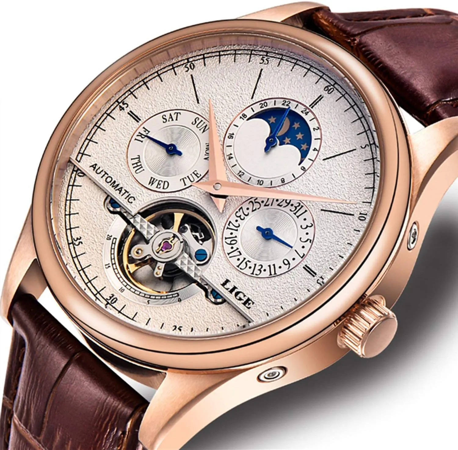 Band Skeleton Watch MASTOP Luxury Men's Watches Multifunction Automatic Self-Wind Black with foil assessment shrubby coincide Brown Leather 