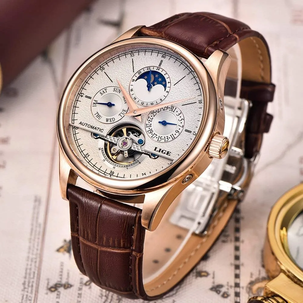 Band Skeleton Watch MASTOP Luxury Men's Watches Multifunction Automatic Self-Wind Black with foil assessment shrubby coincide Brown Leather 